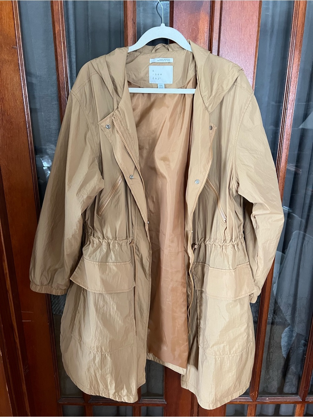 A New Day Women's Carmel Tan Hooded Anorak Rain Jacket Coat